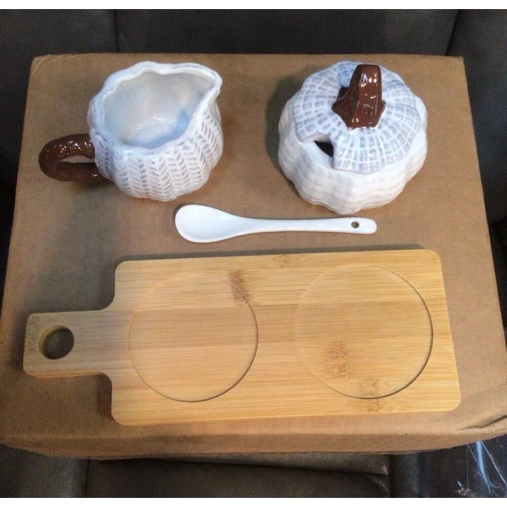 Hobby Lobby Cream and Sugar Set with Spoon and Wood Stand - White Pumpkin